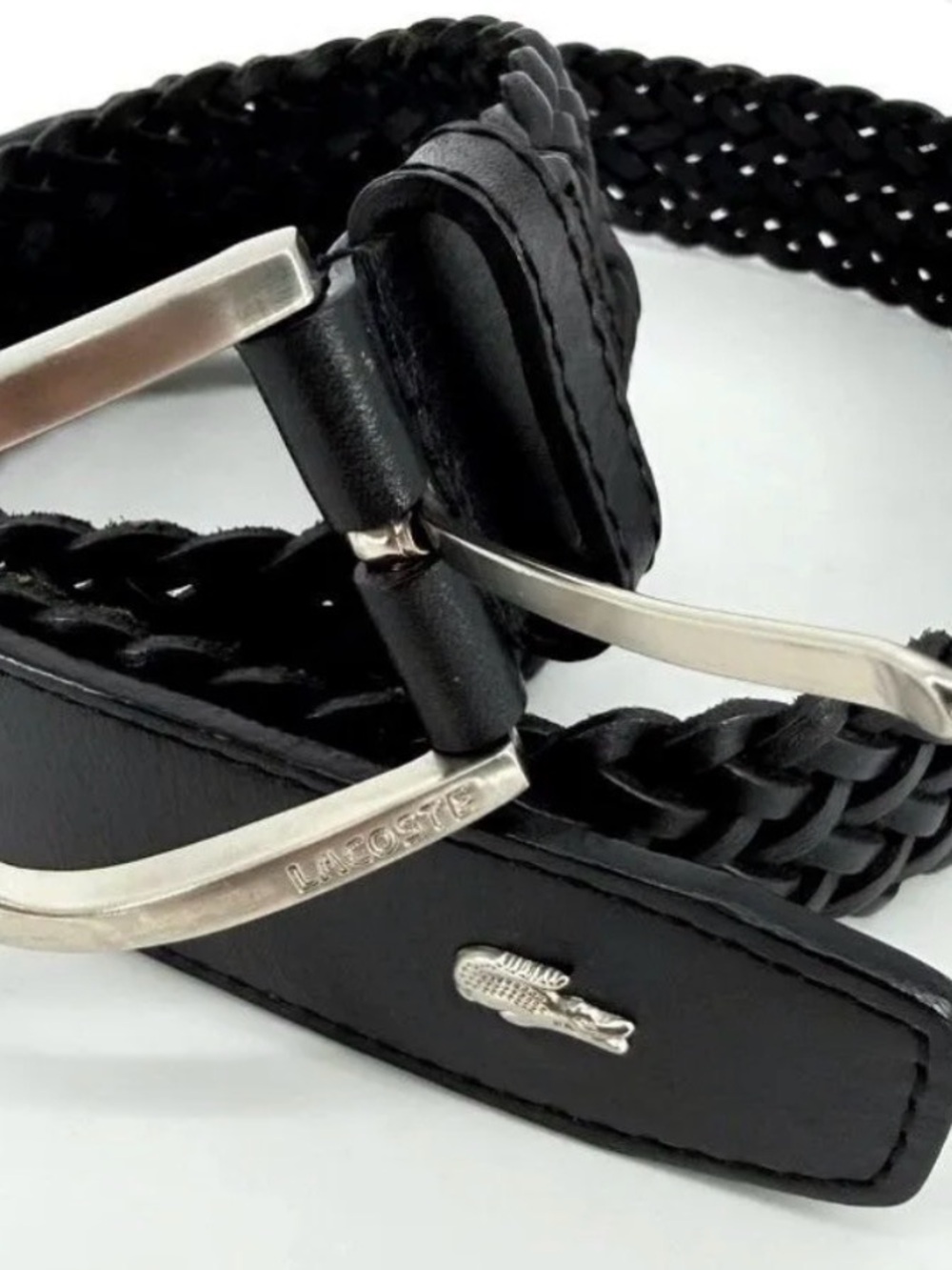 NWT Lacoste Men's Woven Leather Belt. Silver-Tone Buckle/ Crocodile Logo size 32